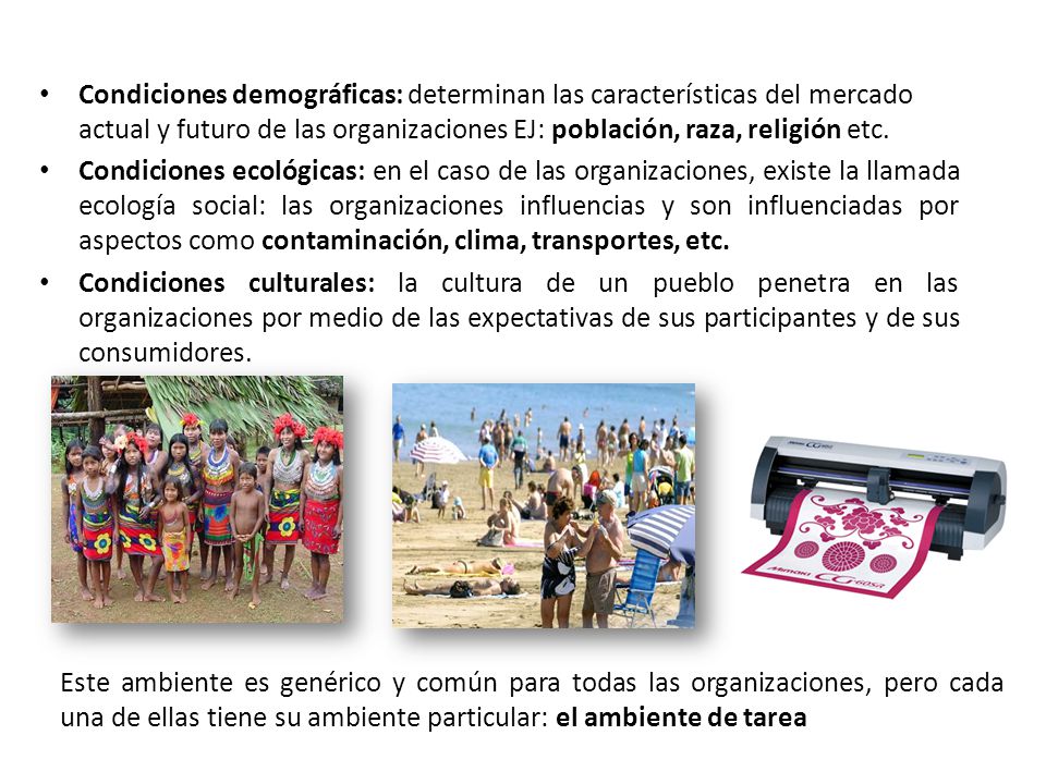 Condiciones demográficas: determinan las características del mercado actual y futuro de las organizaciones EJ: población, raza, religión etc.