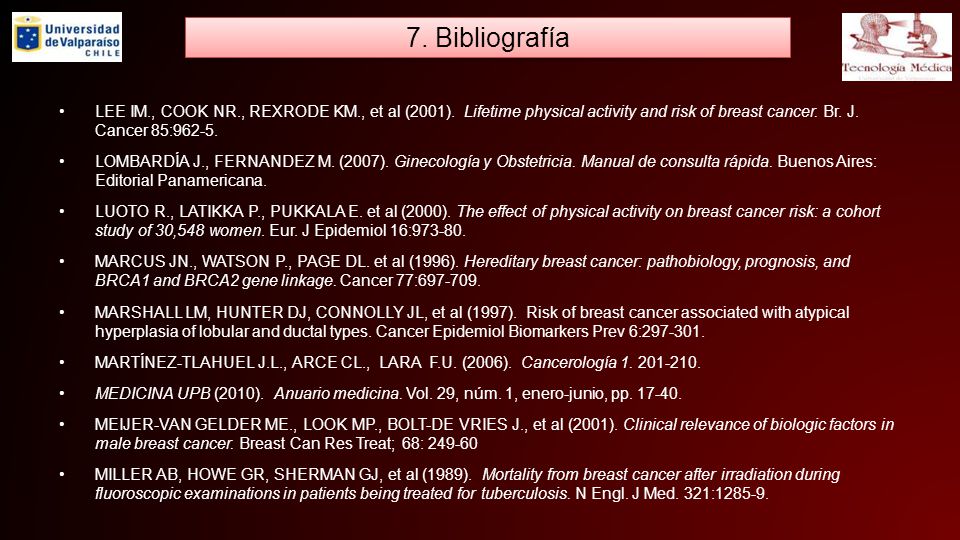 7. Bibliografía LEE IM., COOK NR., REXRODE KM., et al (2001). Lifetime physical activity and risk of breast cancer. Br. J. Cancer 85: