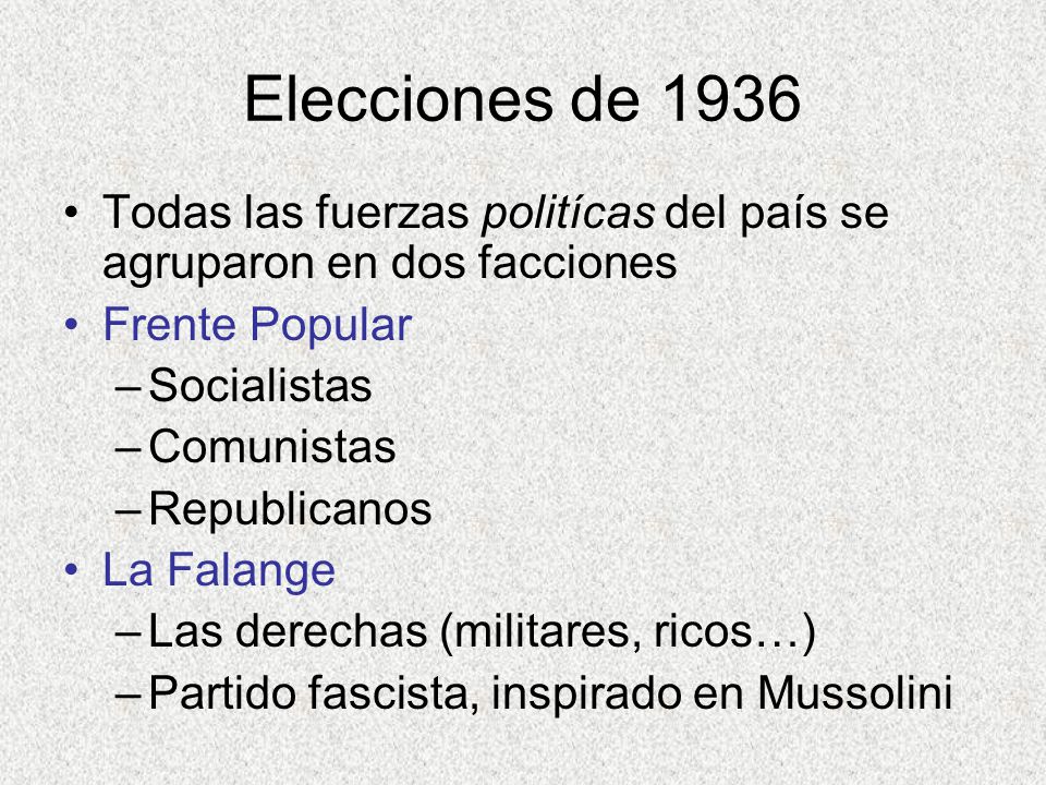 Elecciones de 1936 Todas las fuerzas politícas del país se agruparon en dos facciones. Frente Popular.