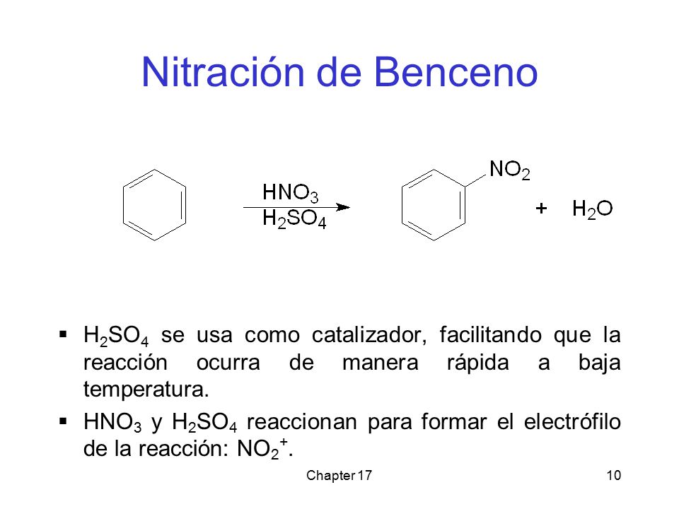 Nitración de Benceno H2SO4 se usa como catalizador, facilitando que la reacción ocurra de manera rápida a baja temperatura.