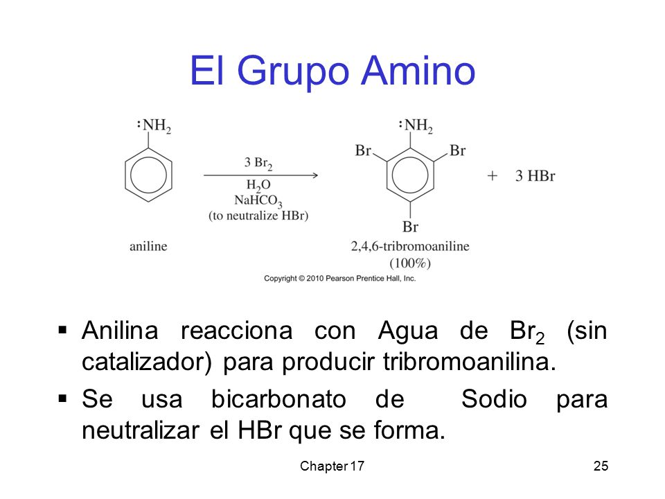 El Grupo Amino Anilina reacciona con Agua de Br2 (sin catalizador) para producir tribromoanilina.