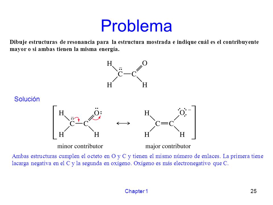 Problema Dibuje estructuras de resonancia para la estructura mostrada e indique cuál es el contribuyente mayor o si ambas tienen la misma energía.