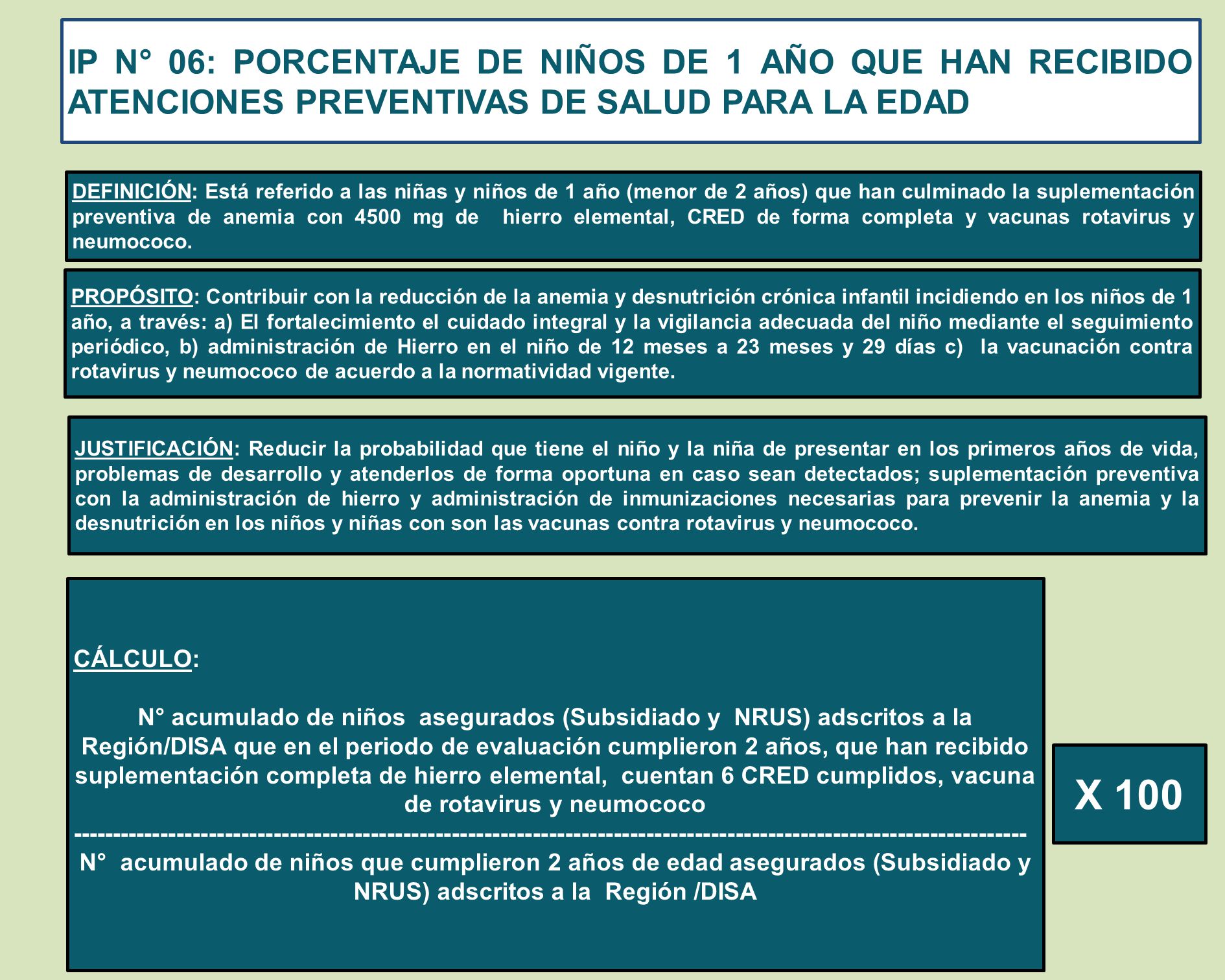 IP N° 06: PORCENTAJE DE NIÑOS DE 1 AÑO QUE HAN RECIBIDO ATENCIONES PREVENTIVAS DE SALUD PARA LA EDAD