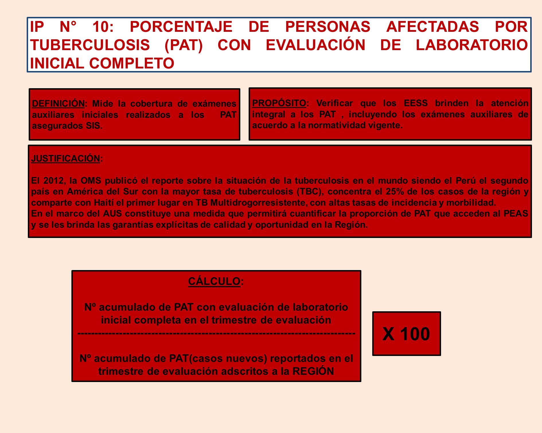 IP N° 10: PORCENTAJE DE PERSONAS AFECTADAS POR TUBERCULOSIS (PAT) CON EVALUACIÓN DE LABORATORIO INICIAL COMPLETO