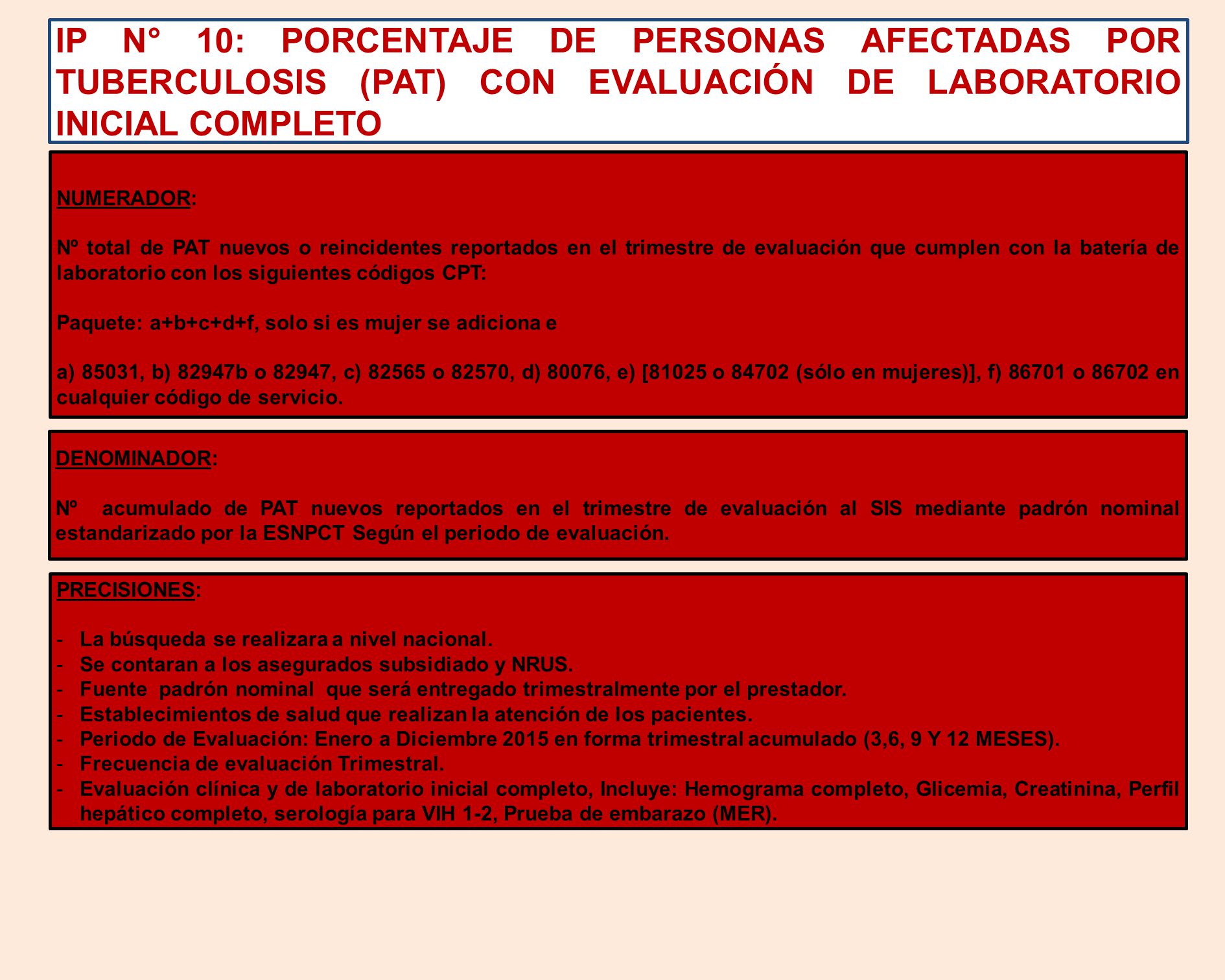 IP N° 10: PORCENTAJE DE PERSONAS AFECTADAS POR TUBERCULOSIS (PAT) CON EVALUACIÓN DE LABORATORIO INICIAL COMPLETO