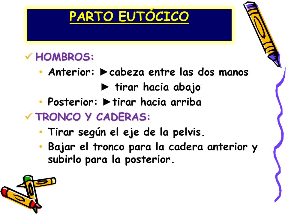 PARTO EUTÓCICO HOMBROS: Anterior: ►cabeza entre las dos manos