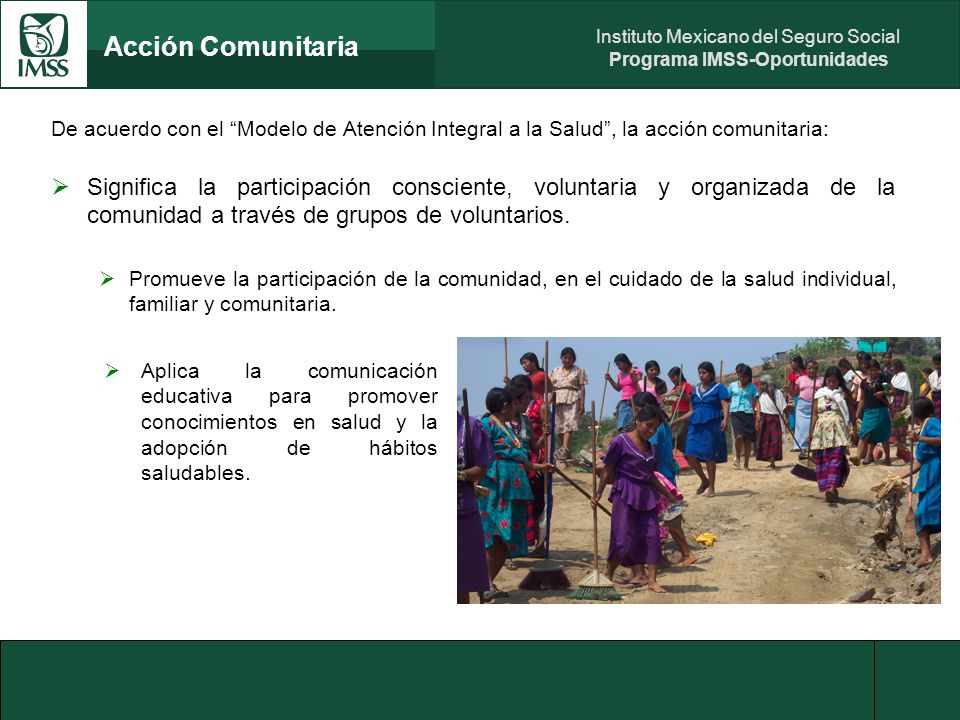 Acción Comunitaria De acuerdo con el Modelo de Atención Integral a la Salud , la acción comunitaria: