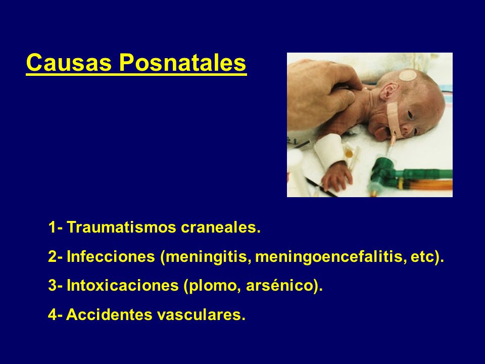 Causas Posnatales 1- Traumatismos craneales. 2- Infecciones (meningitis, meningoencefalitis, etc).