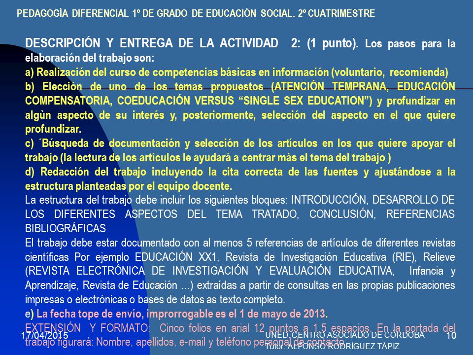 PEDAGOGÍA DIFERENCIAL 1º DE GRADO DE EDUCACIÓN SOCIAL. 2º CUATRIMESTRE