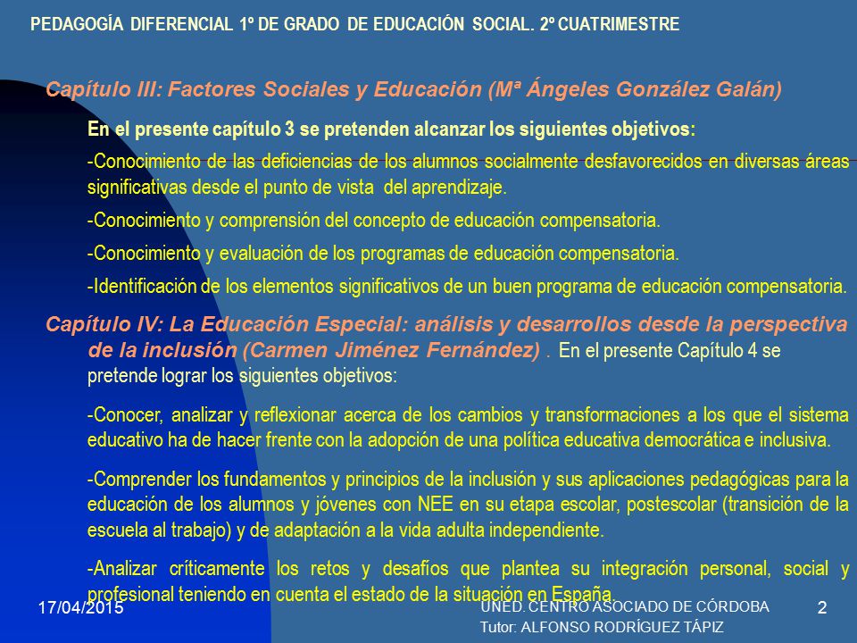 PEDAGOGÍA DIFERENCIAL 1º DE GRADO DE EDUCACIÓN SOCIAL. 2º CUATRIMESTRE