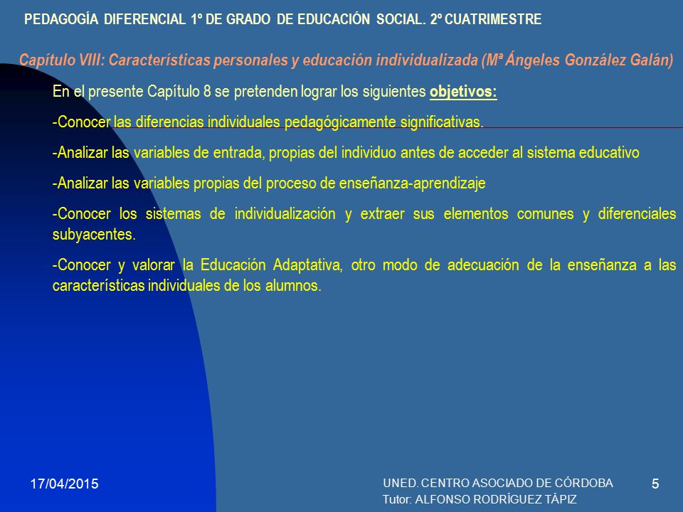 PEDAGOGÍA DIFERENCIAL 1º DE GRADO DE EDUCACIÓN SOCIAL. 2º CUATRIMESTRE