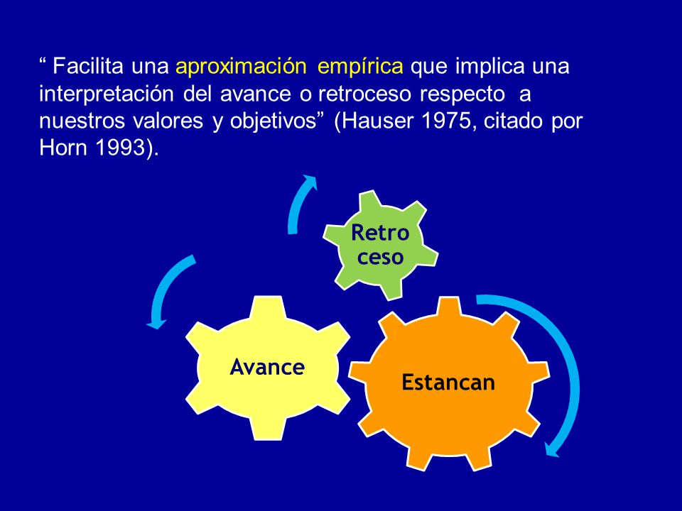 Facilita una aproximación empírica que implica una interpretación del avance o retroceso respecto a nuestros valores y objetivos (Hauser 1975, citado por Horn 1993).