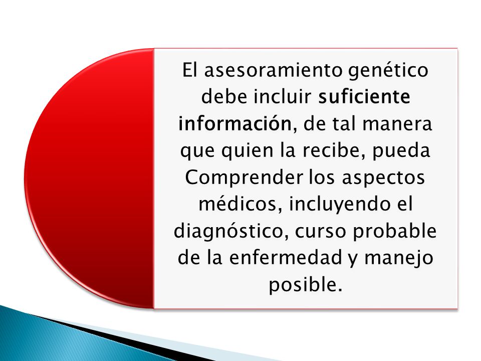 El asesoramiento genético debe incluir suficiente información, de tal manera que quien la recibe, pueda Comprender los aspectos médicos, incluyendo el diagnóstico, curso probable de la enfermedad y manejo posible.