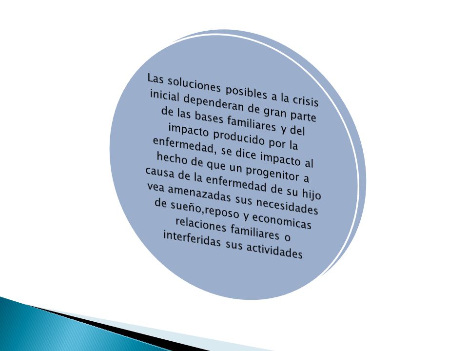 Las soluciones posibles a la crisis inicial dependeran de gran parte de las bases familiares y del impacto producido por la enfermedad, se dice impacto al hecho de que un progenitor a causa de la enfermedad de su hijo vea amenazadas sus necesidades de sueño,reposo y economicas relaciones familiares o interferidas sus actividades