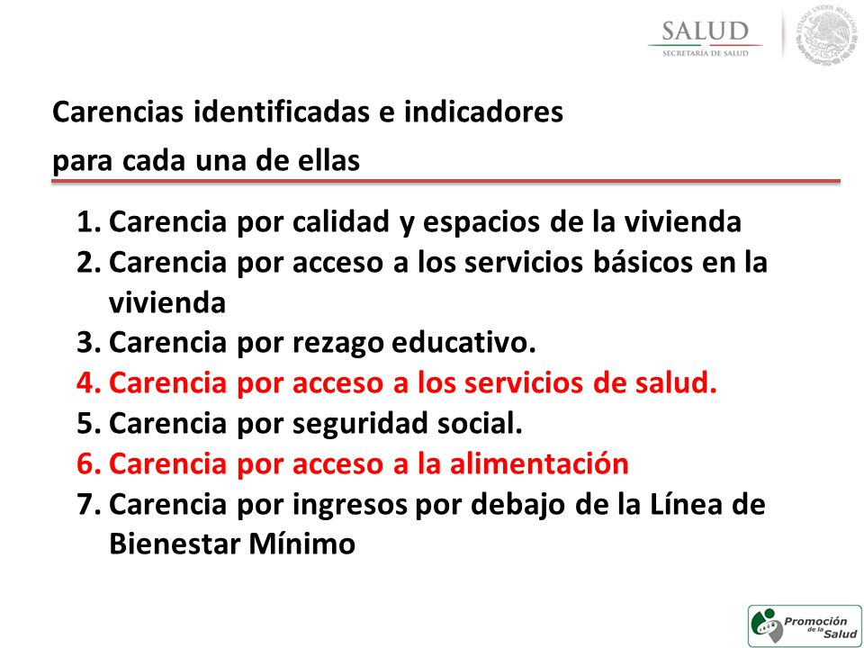Carencias identificadas e indicadores para cada una de ellas