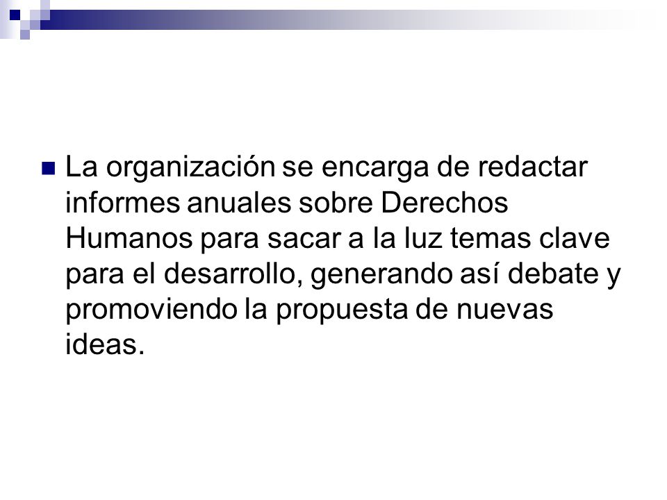 La organización se encarga de redactar informes anuales sobre Derechos Humanos para sacar a la luz temas clave para el desarrollo, generando así debate y promoviendo la propuesta de nuevas ideas.