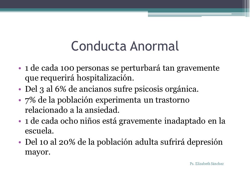 Conducta Anormal 1 de cada 100 personas se perturbará tan gravemente que requerirá hospitalización.