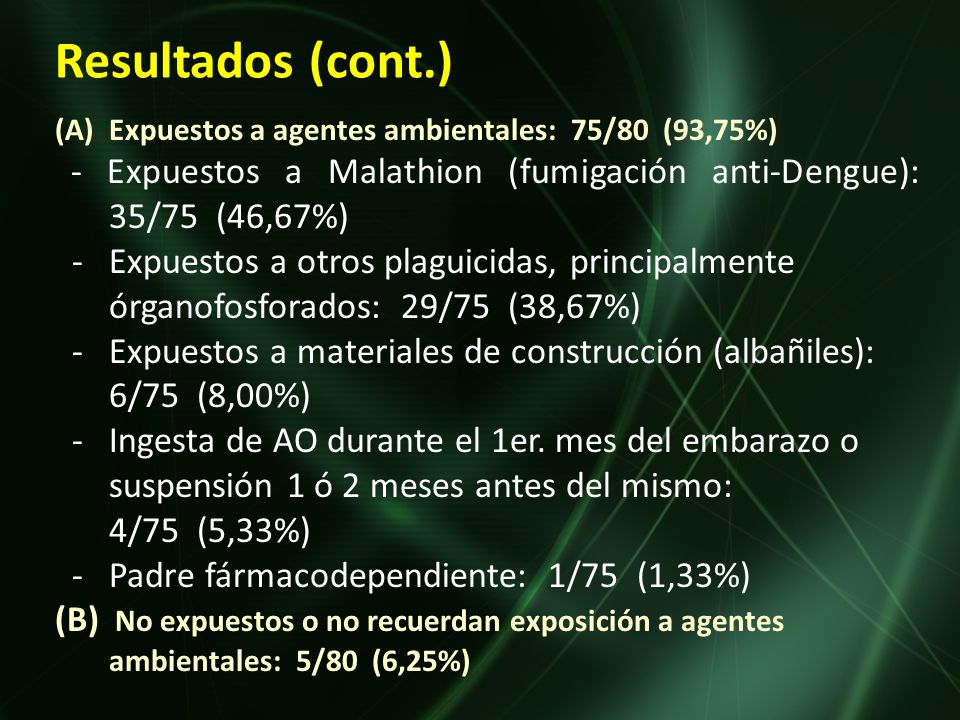 Resultados (cont.) Expuestos a agentes ambientales: 75/80 (93,75%) - Expuestos a Malathion (fumigación anti-Dengue): 35/75 (46,67%)