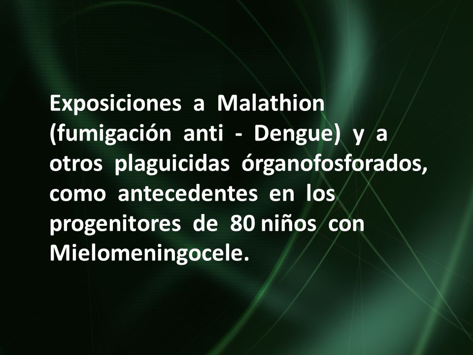 Exposiciones a Malathion (fumigación anti - Dengue) y a otros plaguicidas órganofosforados, como antecedentes en los progenitores de 80 niños con Mielomeningocele.