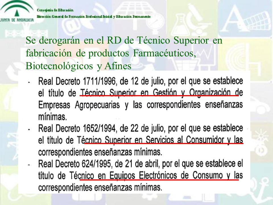 Se derogarán en el RD de Técnico Superior en fabricación de productos Farmacéuticos, Biotecnológicos y Afines