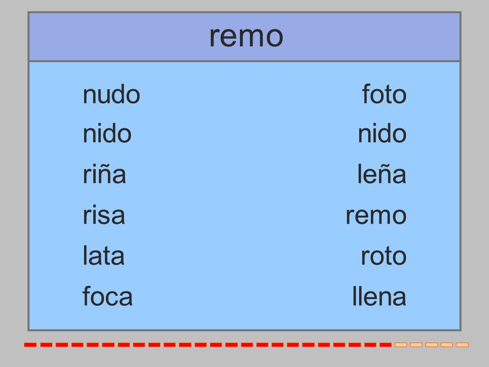 remo nudo foto nido nido riña leña risa remo lata roto foca llena