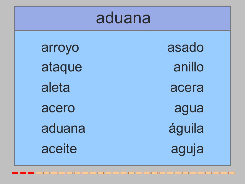aduana arroyo asado ataque anillo aleta acera acero agua aduana águila