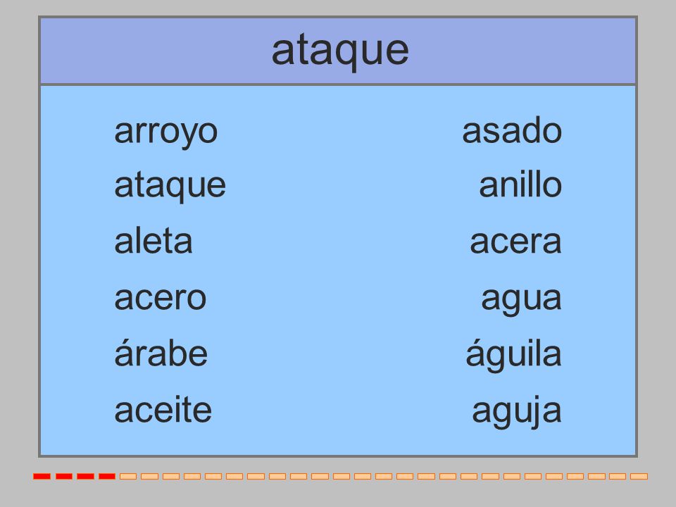 ataque arroyo asado ataque anillo aleta acera acero agua árabe águila