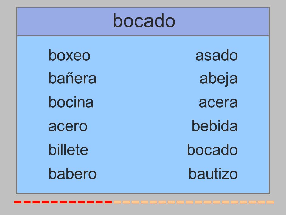 bocado boxeo asado bañera abeja bocina acera acero bebida billete