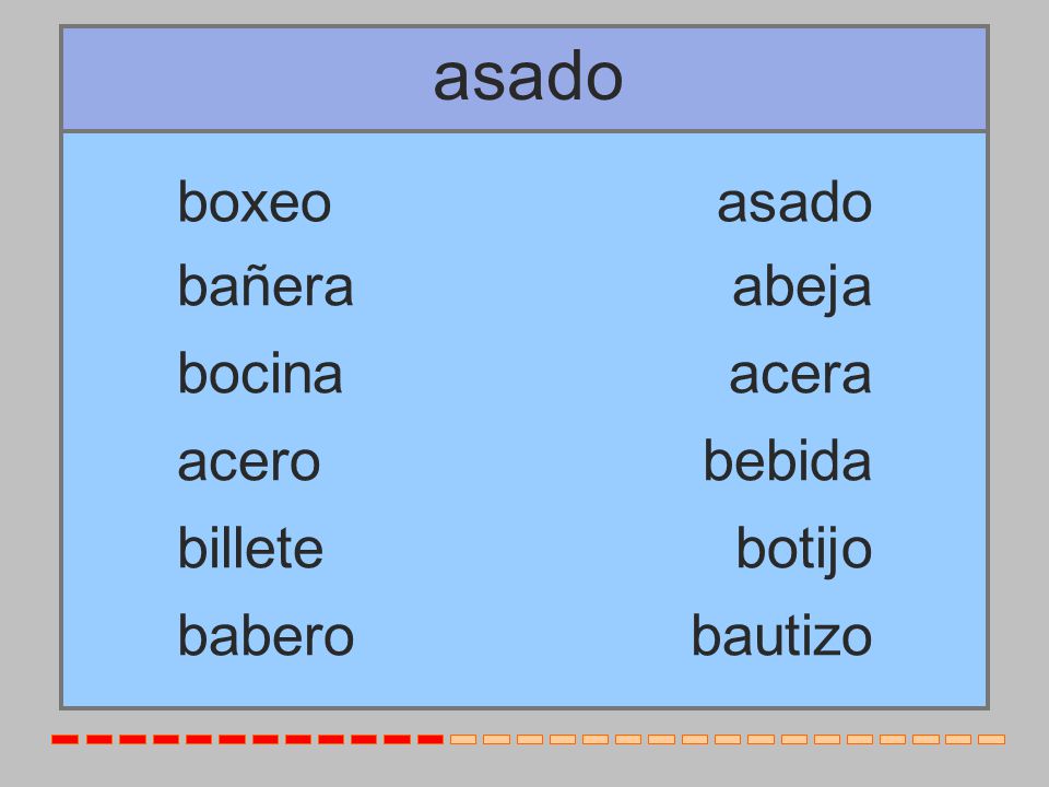 asado boxeo asado bañera abeja bocina acera acero bebida billete