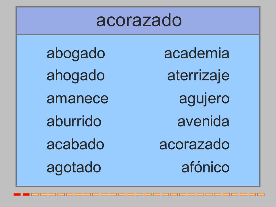 acorazado abogado academia ahogado aterrizaje amanece agujero aburrido