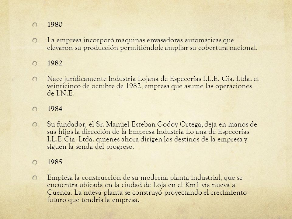 1980 La empresa incorporó máquinas envasadoras automáticas que elevaron su producción permitiéndole ampliar su cobertura nacional.