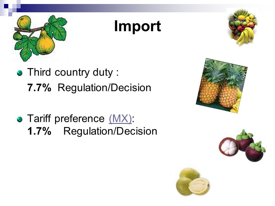 Import Import Third country duty : 7.7% Regulation/Decision