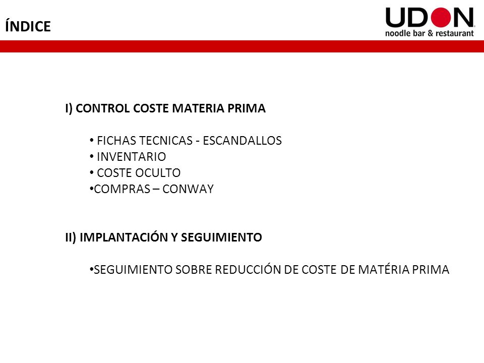 ÍNDICE I) CONTROL COSTE MATERIA PRIMA FICHAS TECNICAS - ESCANDALLOS