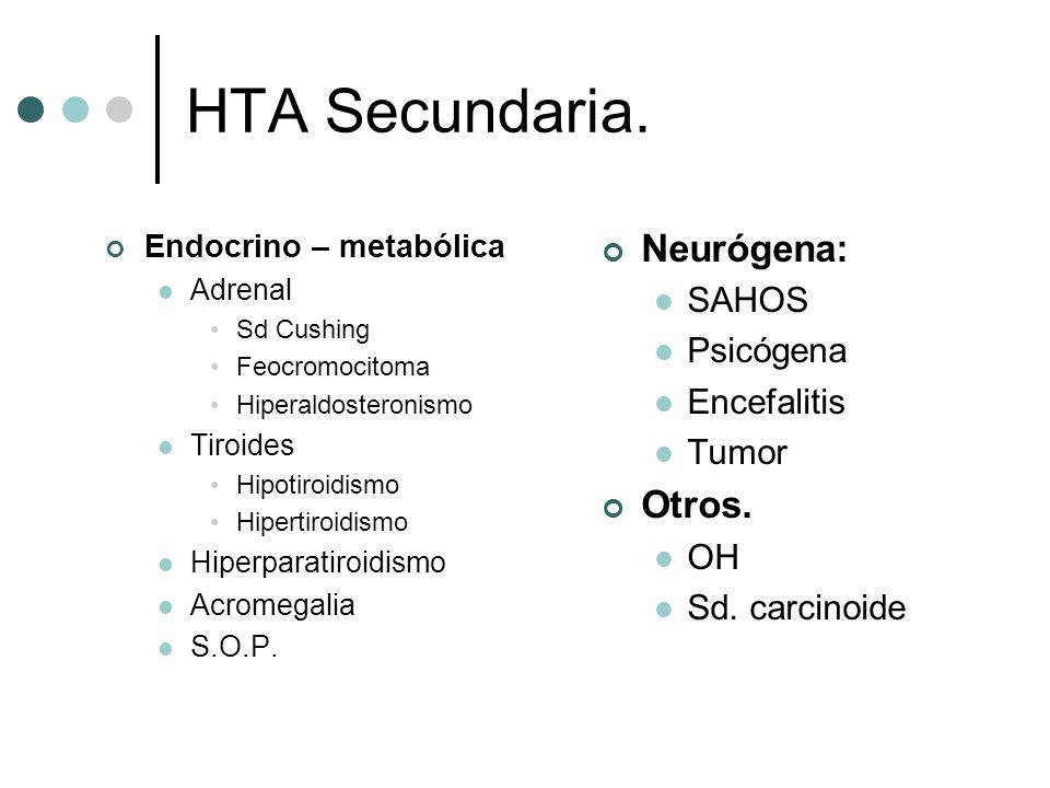 HTA Secundaria. Neurógena: Otros. SAHOS Psicógena Encefalitis Tumor OH