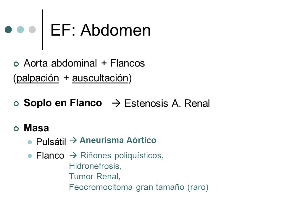 EF: Abdomen Aorta abdominal + Flancos (palpación + auscultación)