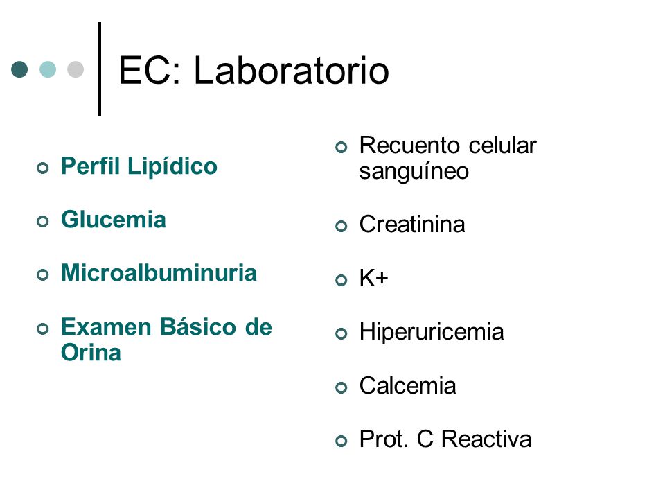 EC: Laboratorio Recuento celular sanguíneo Perfil Lipídico Creatinina