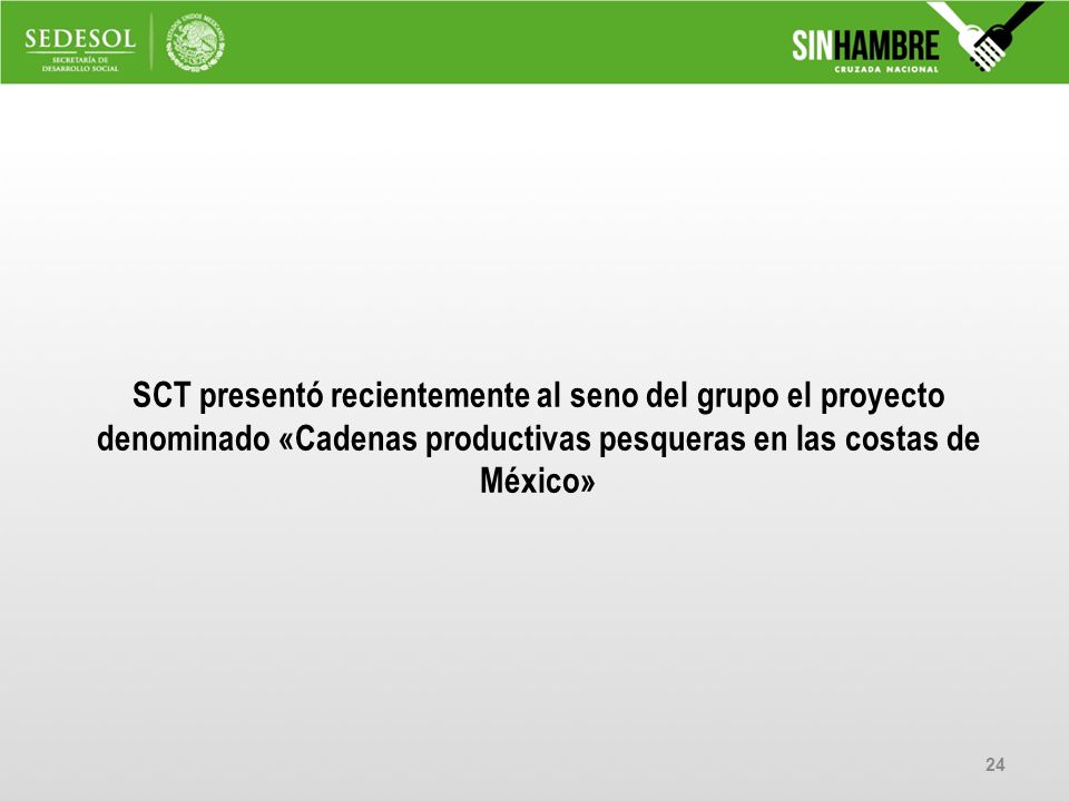 SCT presentó recientemente al seno del grupo el proyecto denominado «Cadenas productivas pesqueras en las costas de México»