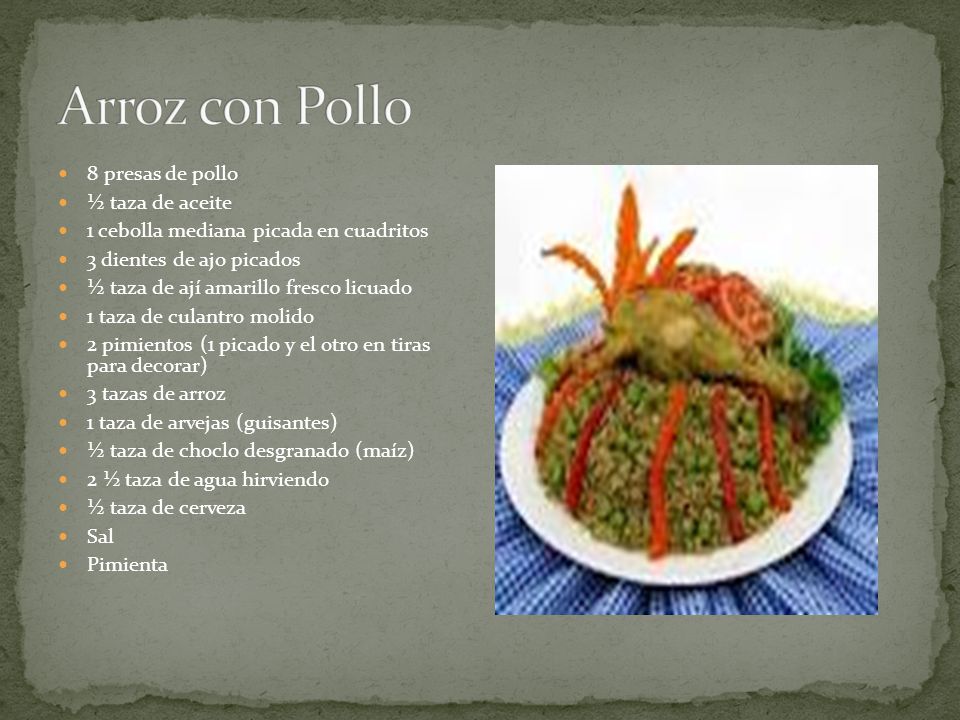Arroz con Pollo 8 presas de pollo ½ taza de aceite