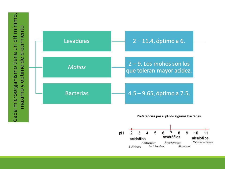 Cada microorganismo tiene un pH mínimo, máximo y óptimo de crecimiento