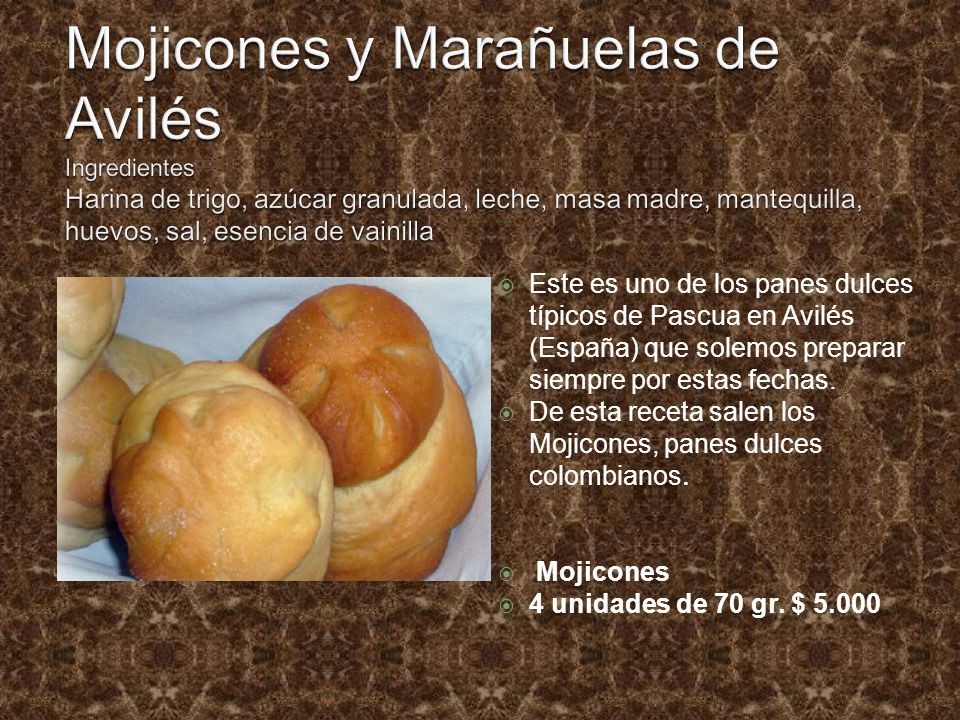 Mojicones y Marañuelas de Avilés Ingredientes Harina de trigo, azúcar granulada, leche, masa madre, mantequilla, huevos, sal, esencia de vainilla