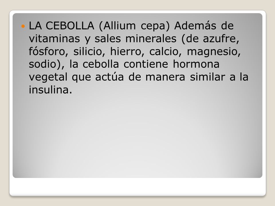 LA CEBOLLA (Allium cepa) Además de vitaminas y sales minerales (de azufre, fósforo, silicio, hierro, calcio, magnesio, sodio), la cebolla contiene hormona vegetal que actúa de manera similar a la insulina.