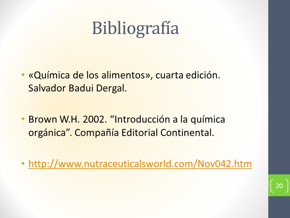 Bibliografía «Química de los alimentos», cuarta edición. Salvador Badui Dergal.