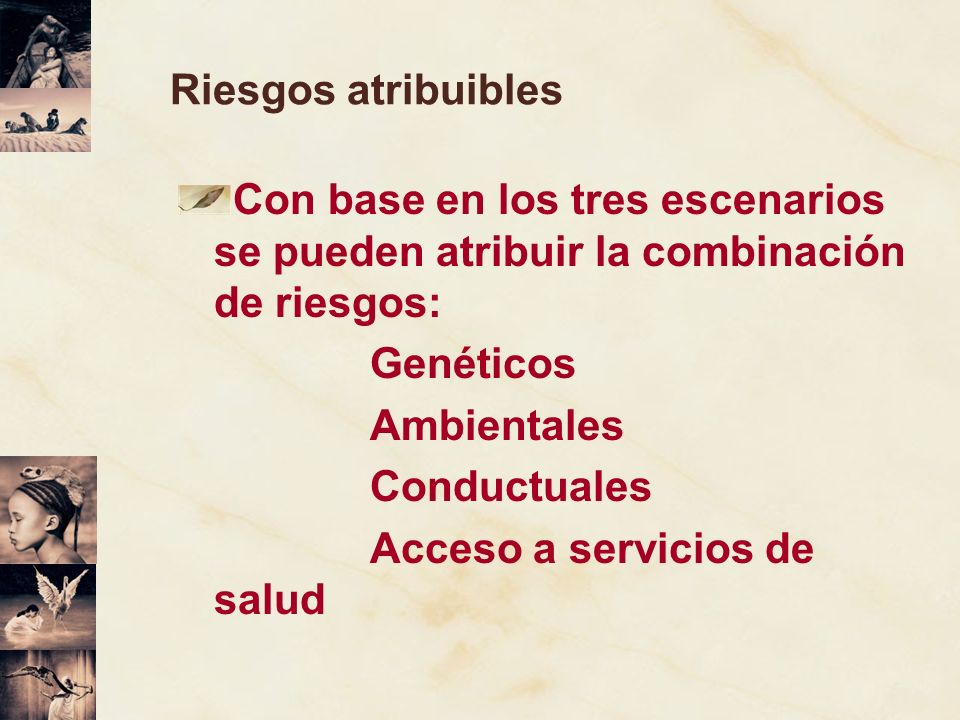 Riesgos atribuibles Con base en los tres escenarios se pueden atribuir la combinación de riesgos: Genéticos.