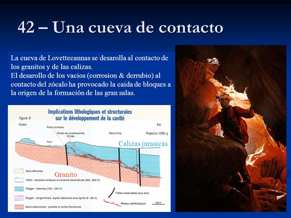 42 – Una cueva de contacto La cueva de Lovettecannas se desarolla al contacto de los granitos y de las calizas.