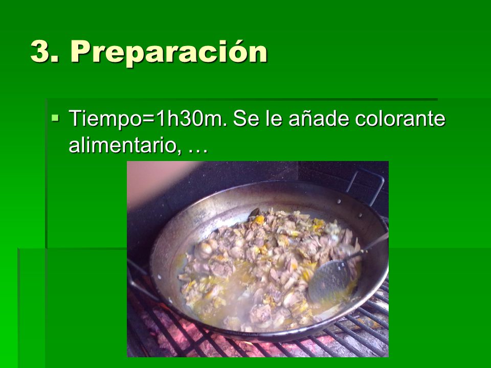 3. Preparación Tiempo=1h30m. Se le añade colorante alimentario, …