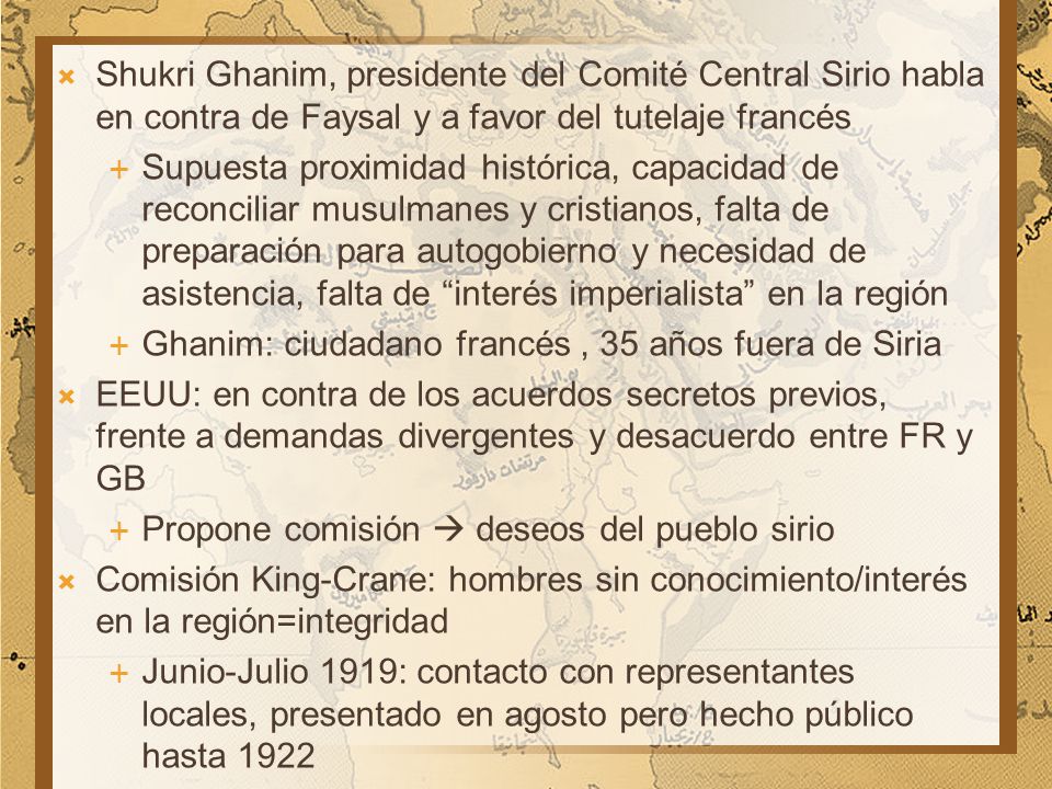 Shukri Ghanim, presidente del Comité Central Sirio habla en contra de Faysal y a favor del tutelaje francés