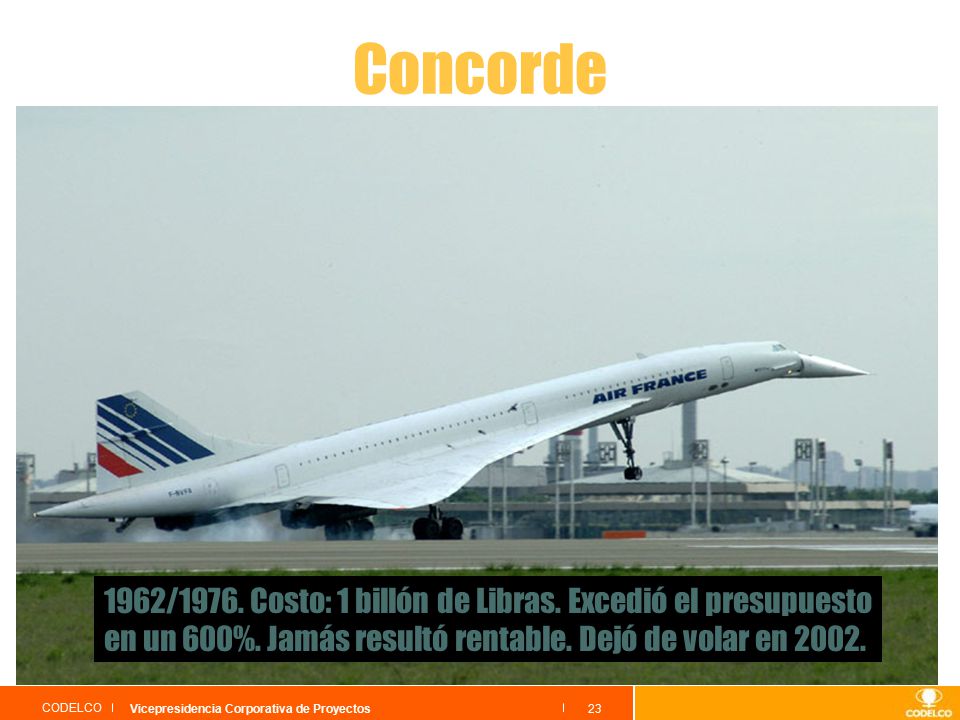 Concorde 1962/1976. Costo: 1 billón de Libras. Excedió el presupuesto