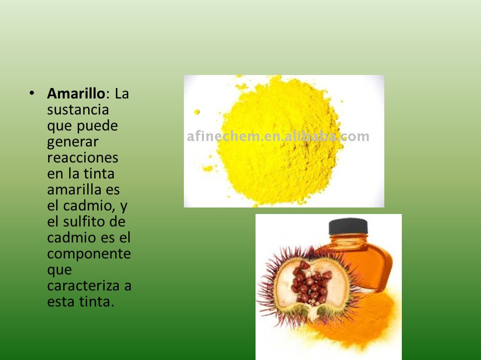 Amarillo: La sustancia que puede generar reacciones en la tinta amarilla es el cadmio, y el sulfito de cadmio es el componente que caracteriza a esta tinta.
