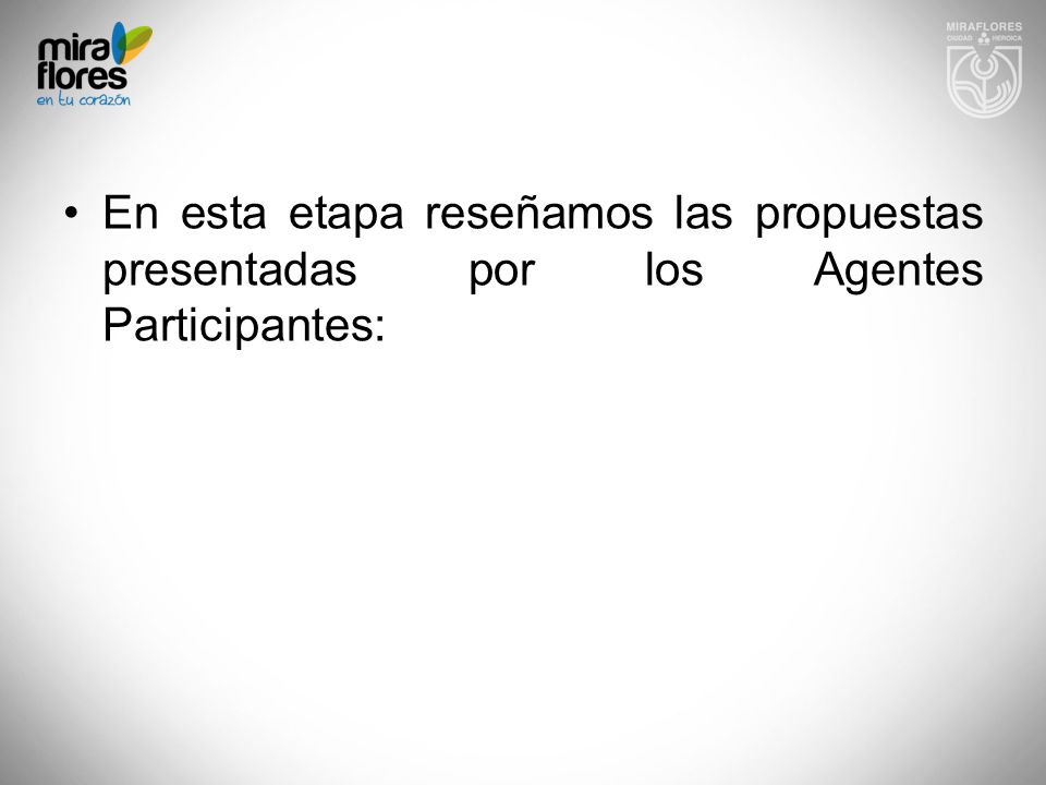 En esta etapa reseñamos las propuestas presentadas por los Agentes Participantes:
