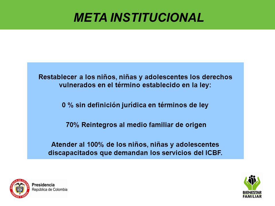 META INSTITUCIONAL Restablecer a los niños, niñas y adolescentes los derechos vulnerados en el término establecido en la ley: